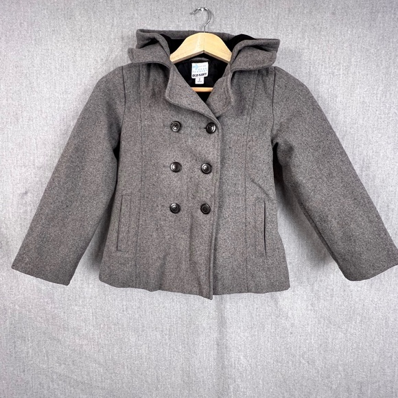 Old Navy Kids’ Grey Heathered Wool Blend Pea Coat Hood Sz M Fall Winter Preppy - Picture 1 of 13